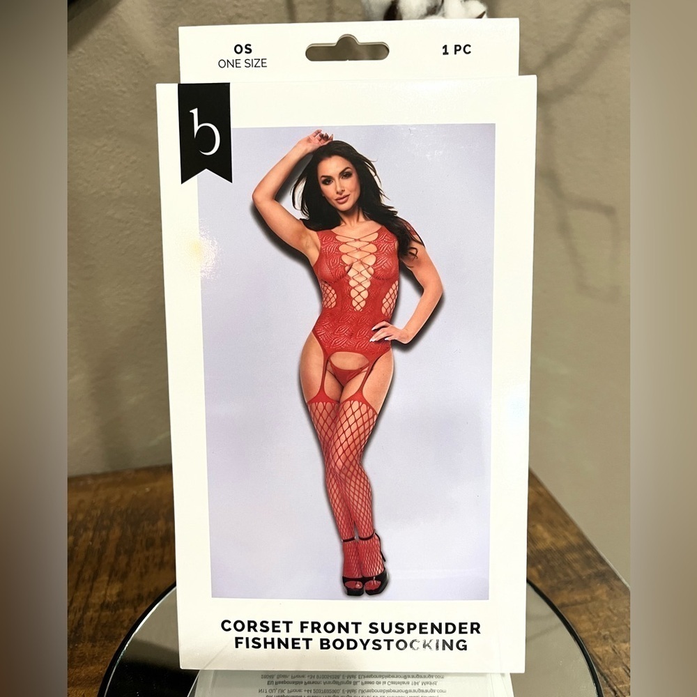 Baci Corset Front Suspender Fishnet Bodystocking in red, new!